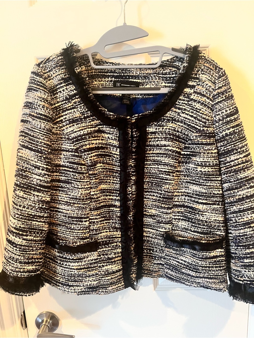 INC International Black and White Tweed Fringe-Trim Jacket